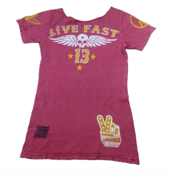 Affliction Y2k Old Glory Flag Baby Tee Woman Sz Med Distresed Red Skull Wings - Picture 3 of 12